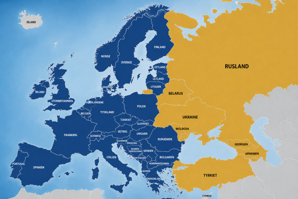 Kort over Europa med Rusland, Ukraine, Belarus, Moldova, Georgien, Armenien og Tyrkiet markeret
